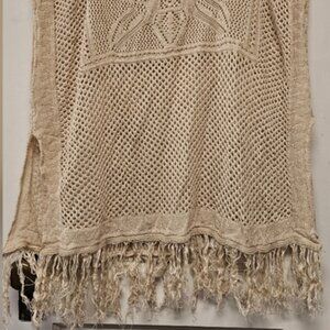 Beige Knit Poncho with Fringe